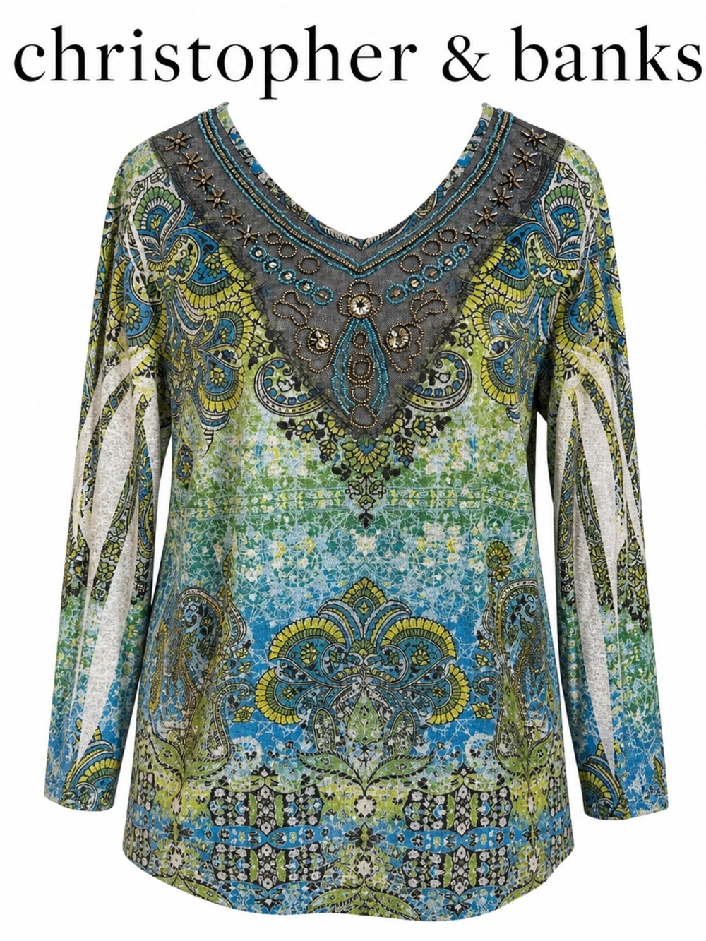 Christopher & Banks Blue Green Paisley V-Neck Beaded Long Sleeve Top